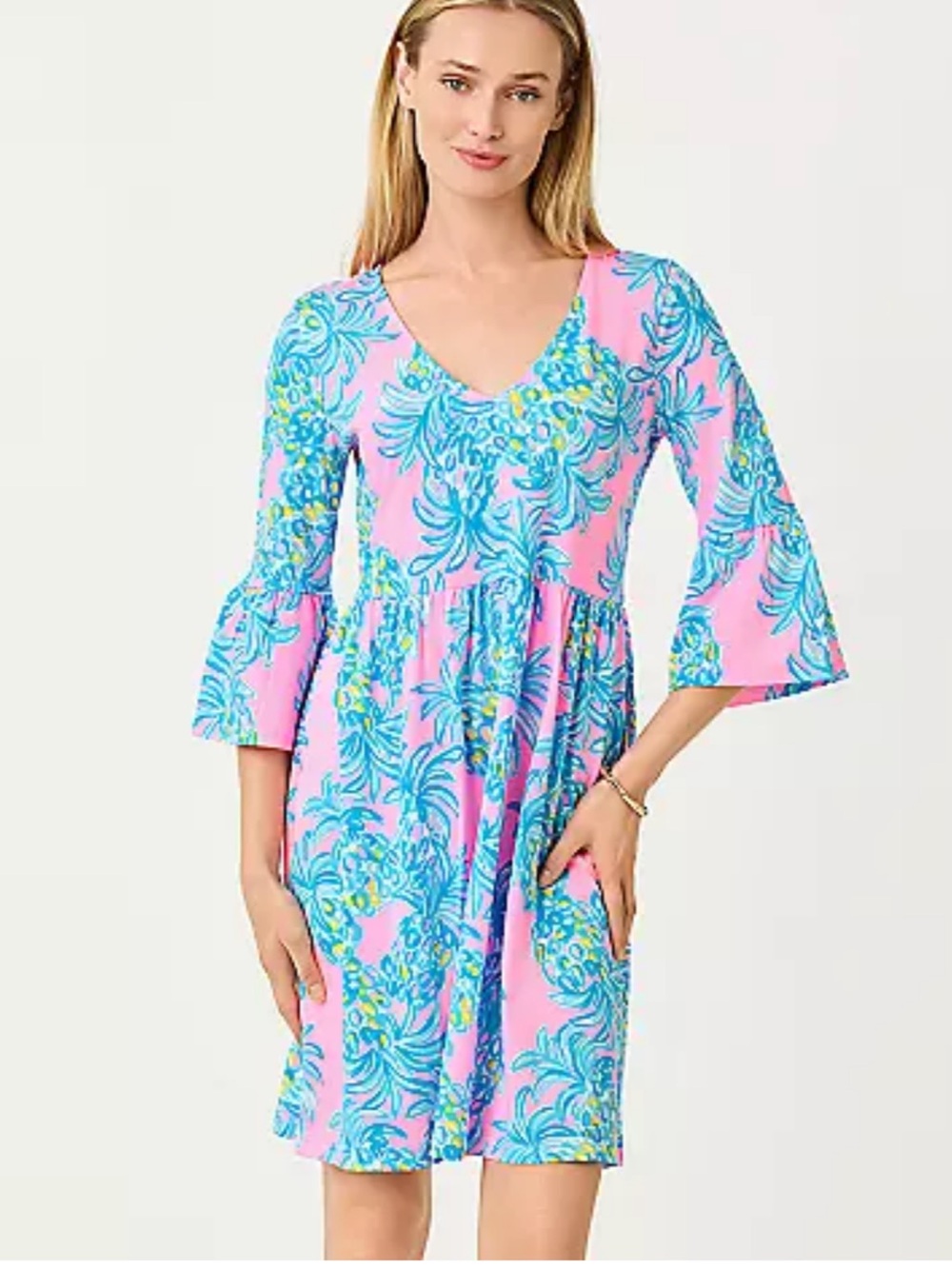 Lilly Pulitzer Pink & Blue Floral V-Neck Jannie dress nwt size L